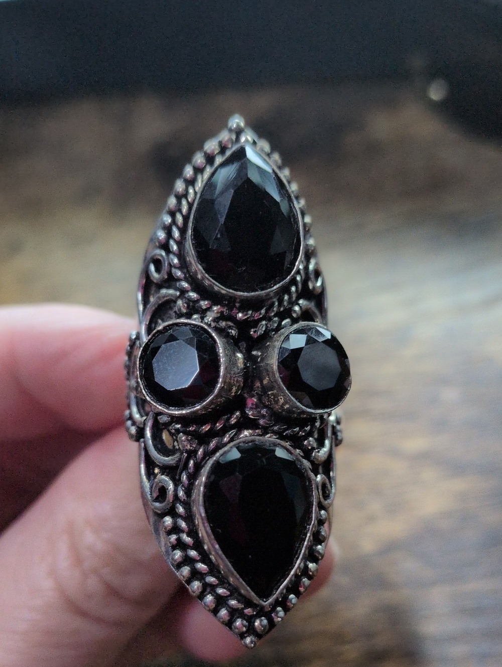 Black Onyx Gemstone Teardrop Statement Ring